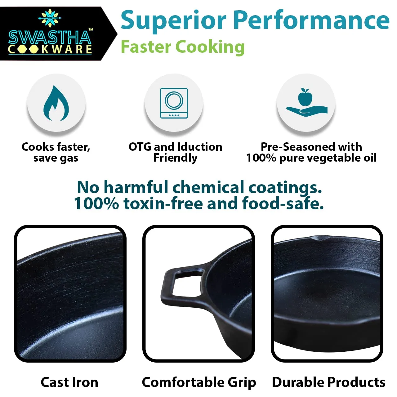 11" Double Handle Cast Iron Skillet | Sautéing & Frying | Free From Any Coating