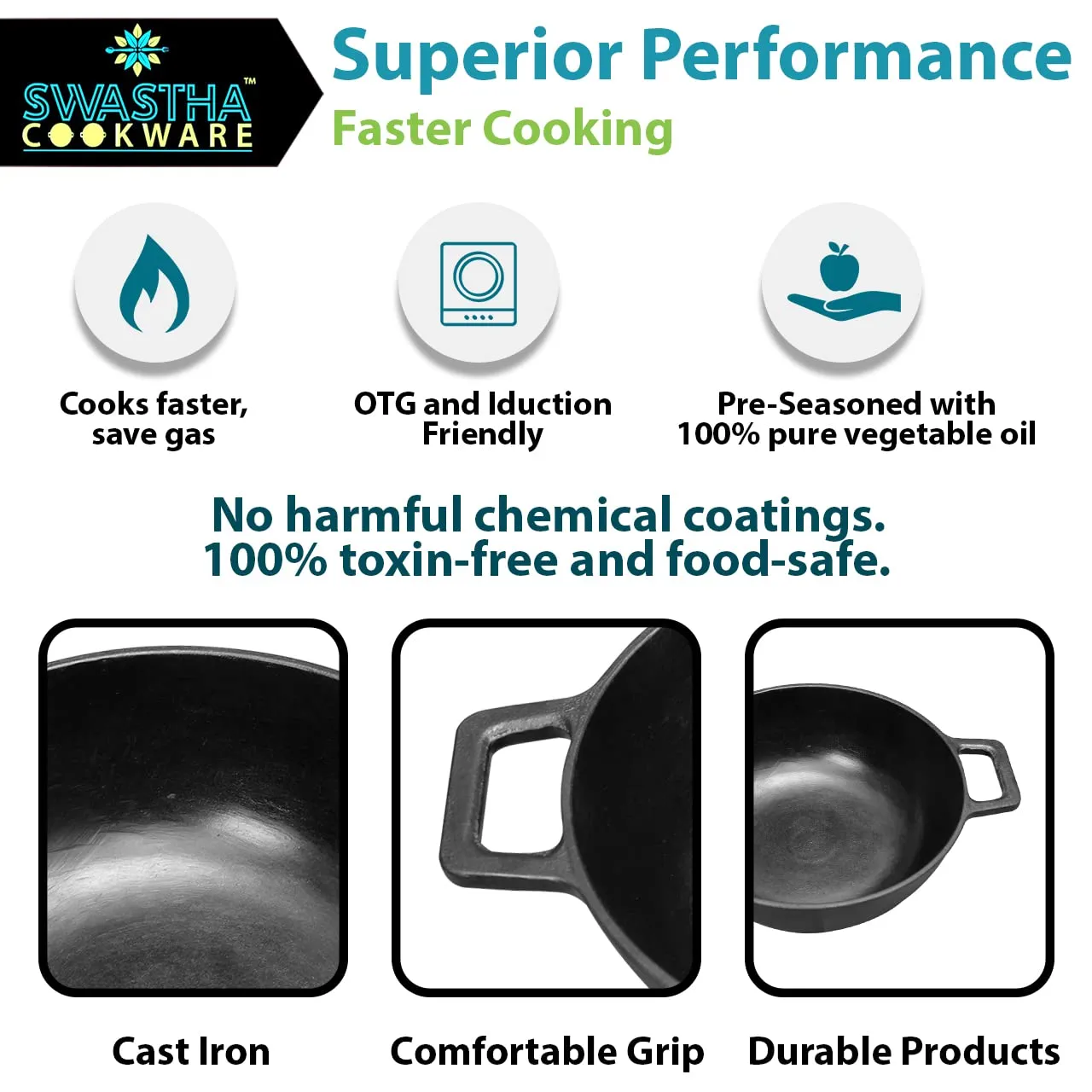 9" Cast Iron Kadhai | OTG And Induction Safe | Pre-Seasoned And Ready To Use