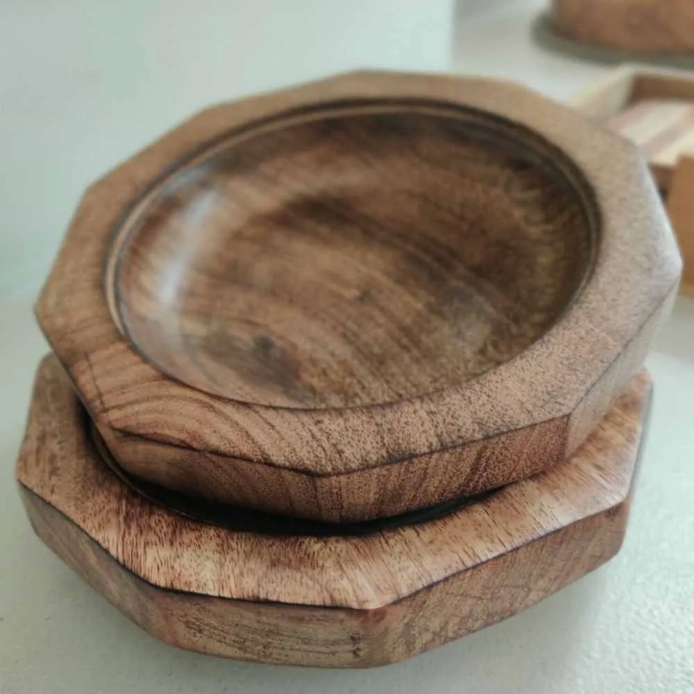Brown Decagon Wooden Serving Bowl | Hand-Crafted | Set of 2