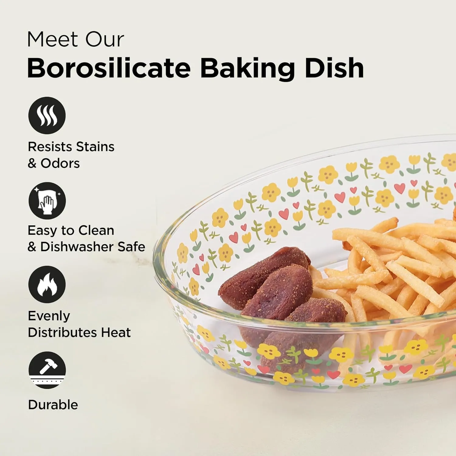Homestic 2400 ml Borosilicate Printed Glass Baking Tray | Transparent Microwave Oven Safe Utensils | Oval Bread Moulds for Baking | Dishwasher Safe | Multipurpose use Serving Tray