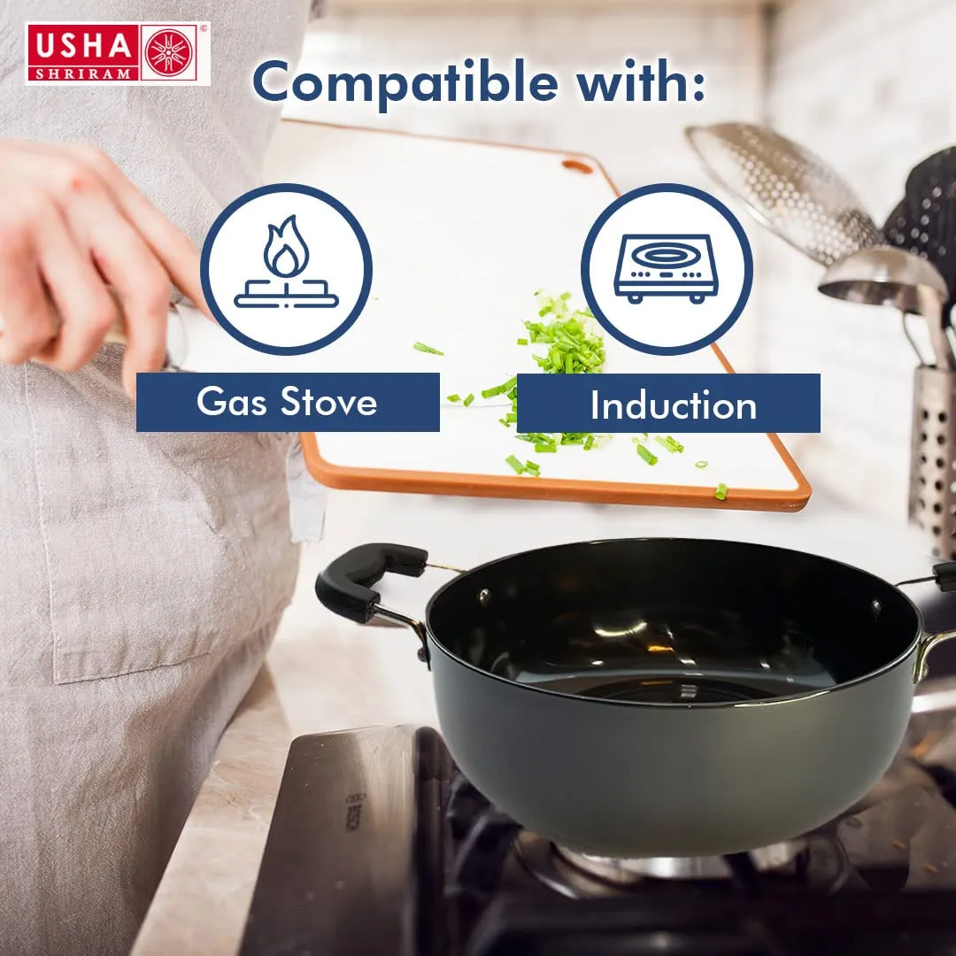 USHA SHRIRAM Hard Anodised Aluminium Kadai with Lid (2.4L) for Cooking | 20 cm Diameter | Deep Base Kadhai | Riveted Bakelite Handle for Cool Grip | Frying Kadahi| Gas & Induction Cookware | Black