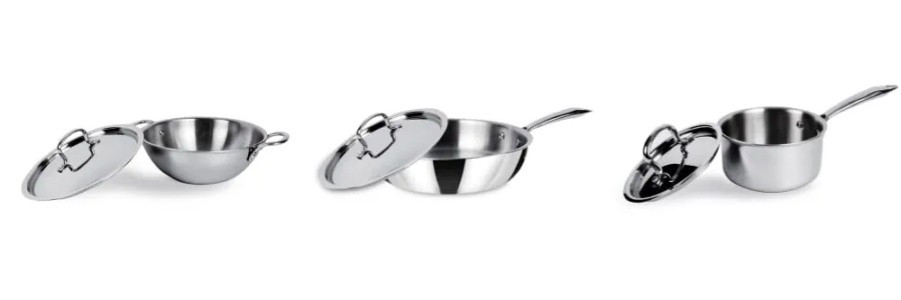 USHA SHRIRAM Triply Stainless Steel Kadai (1.6L), Tea Pan (1.4L), Fry Pan (1.5L) with Lid | Cookware Set with Stove & Induction Base | Heat Surround Cooking | Triply Stainless Steel Cookware with Lid